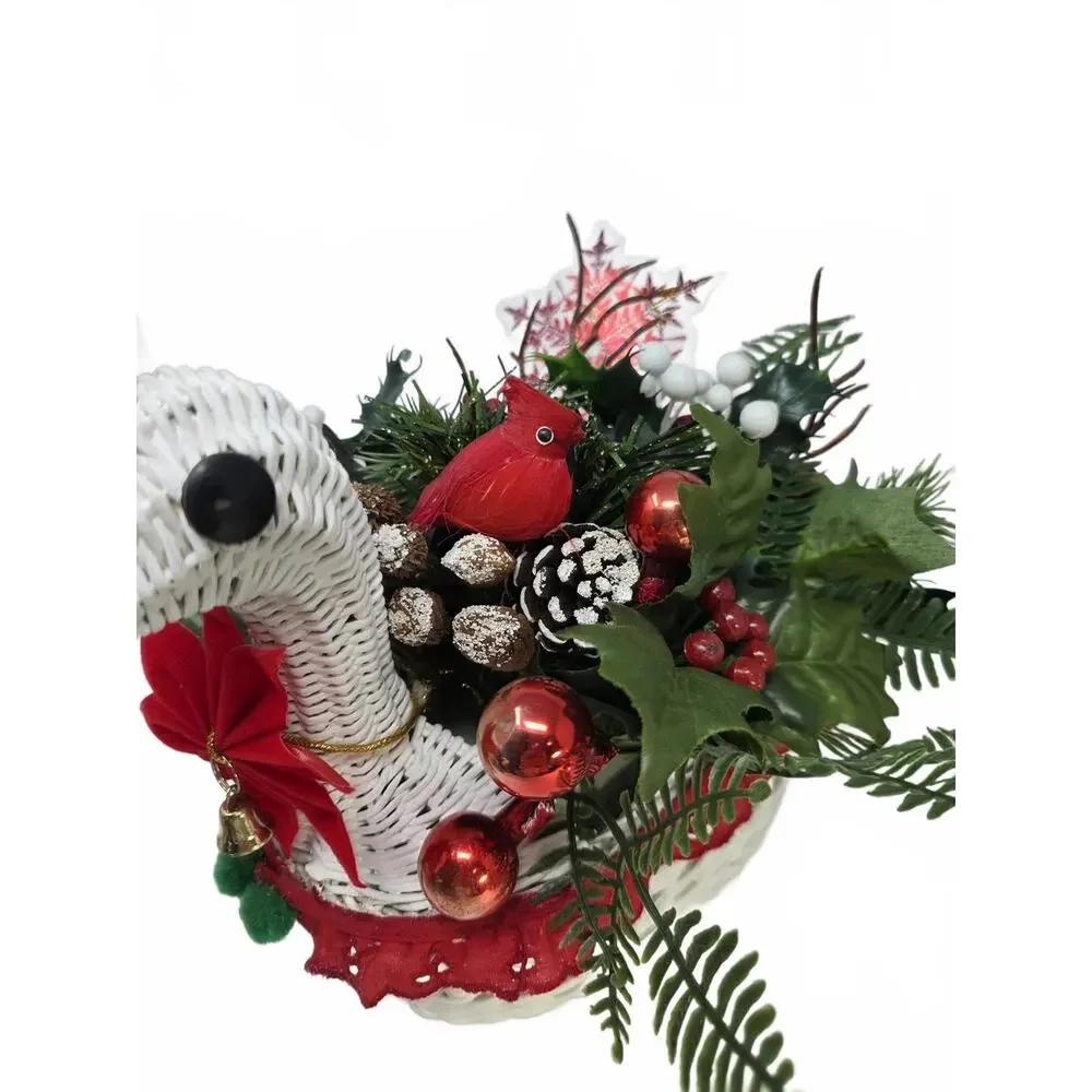 Vintage White Wicker Duck Basket Christmas Floral Centerpiece